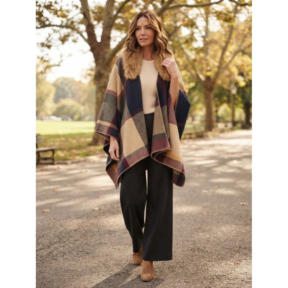 Plum Blue Plaid Faux Fur Cape Poncho Shawl Brushed Fleece One Size